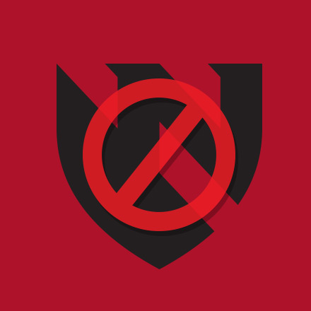Black shield on a red background crossed out. 
