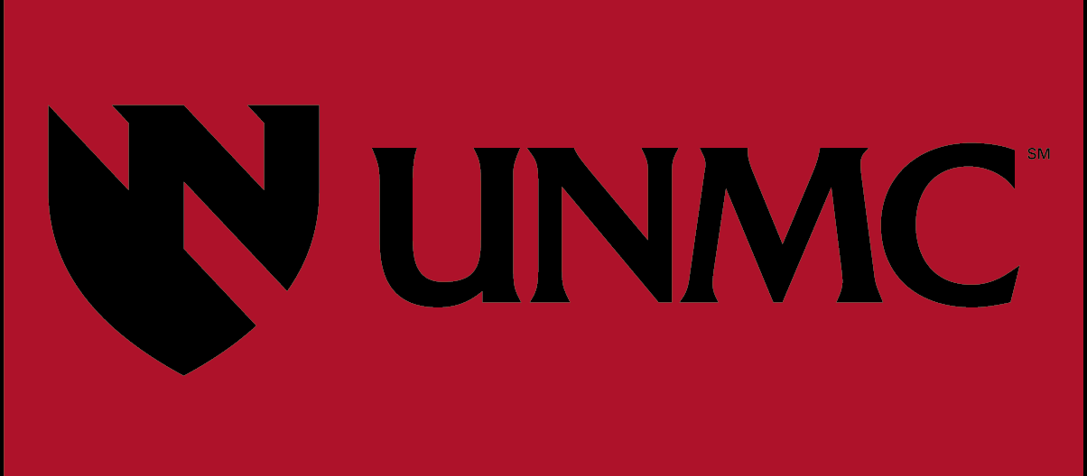 Black UNMC logo on a red background.