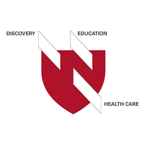 UNMC emblem with Discovery, Education and Health Care frames.